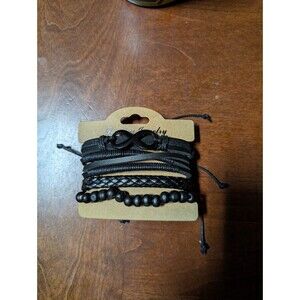 ​4-Piece Black Leather & Bead Bracelet Stack – Infinity Charm – Tie On